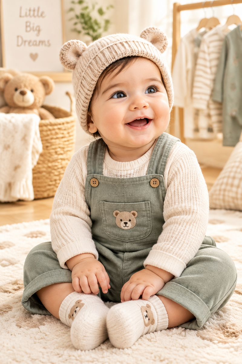Adorable smiling baby wearing a cosy knit hat and green dungarees in a nursery setting