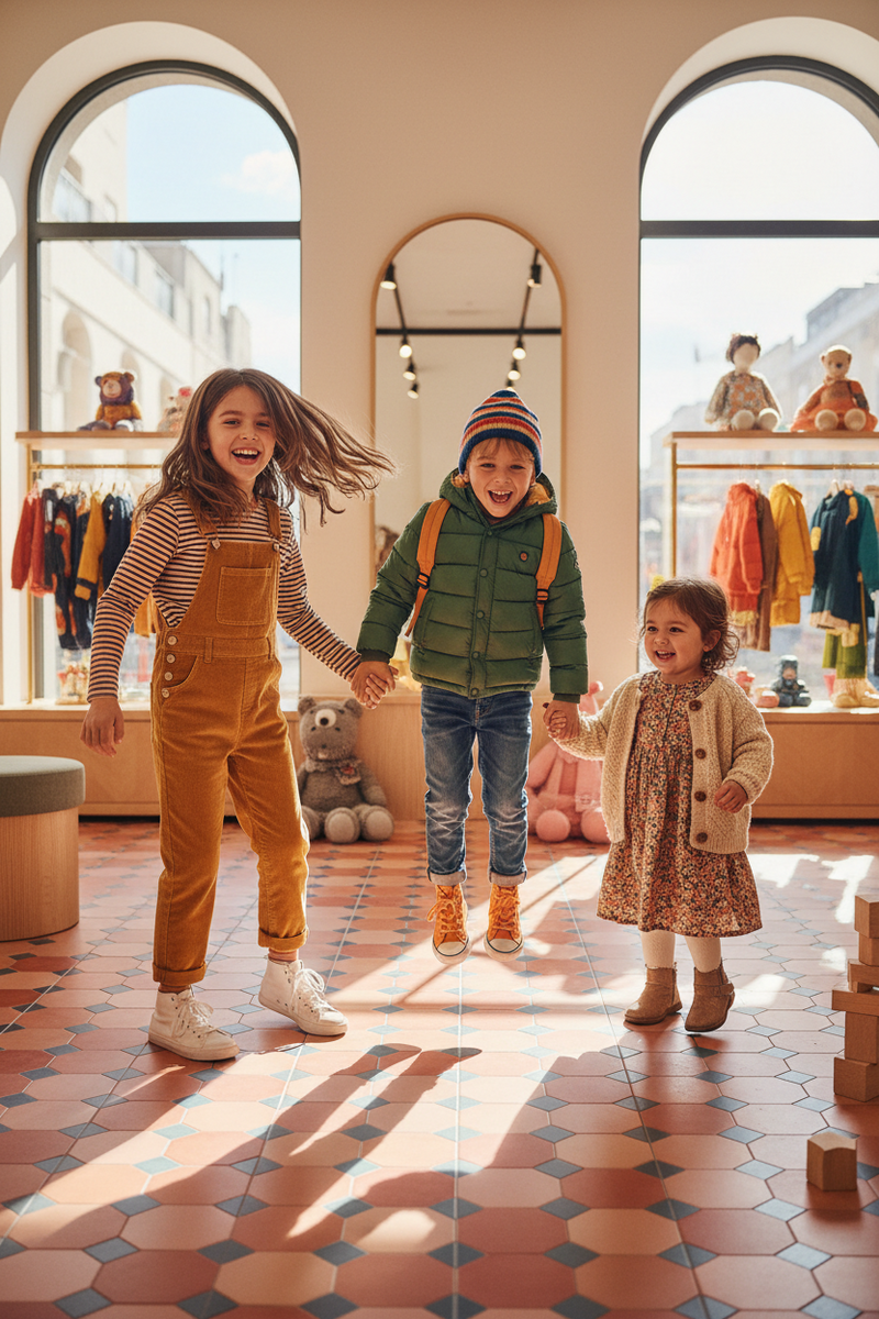 Three happy children jumping and laughing in a bright colourful children's clothing boutique