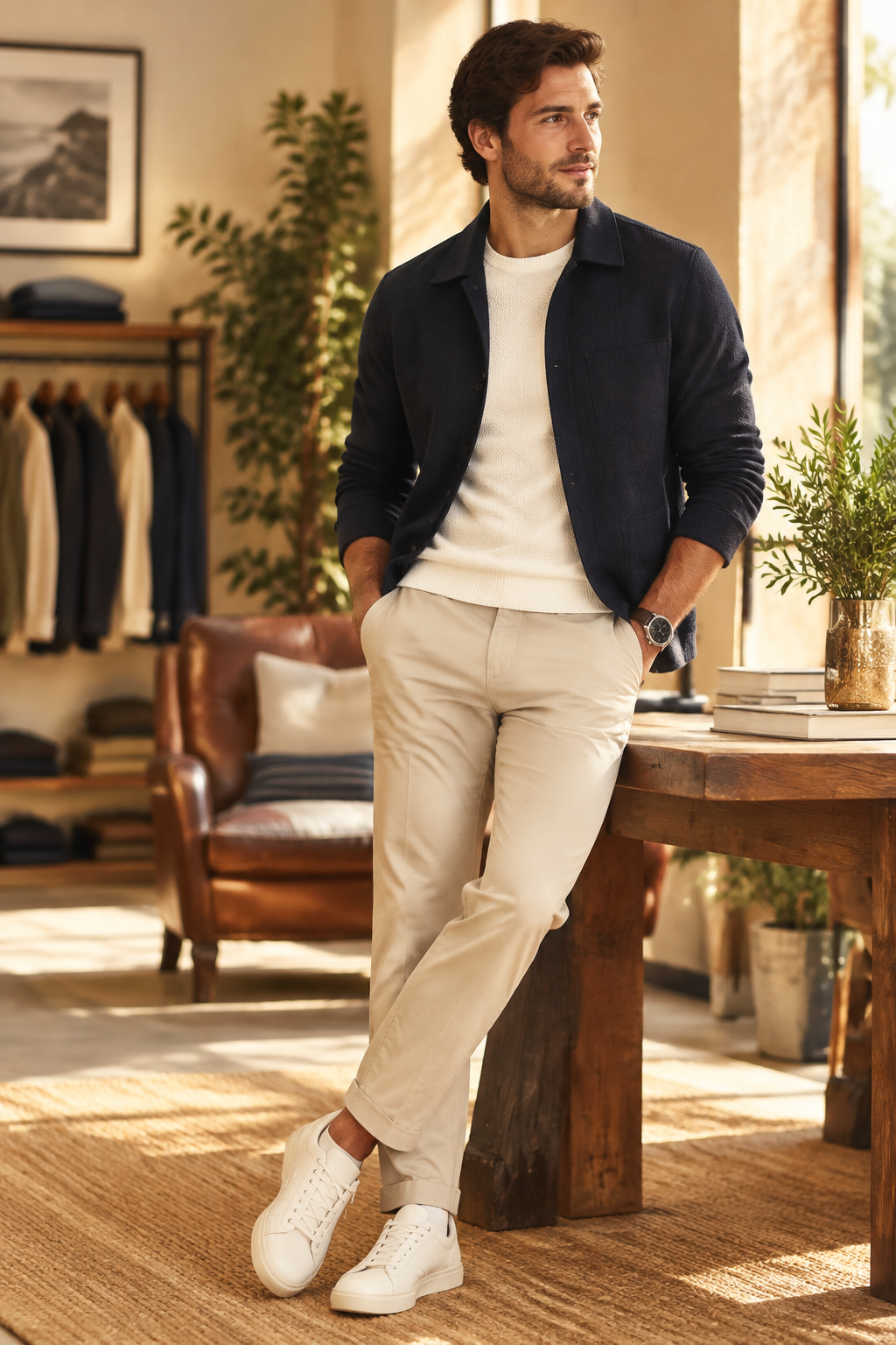 Stylish man in smart casual navy jacket, chinos and white trainers in a boutique setting