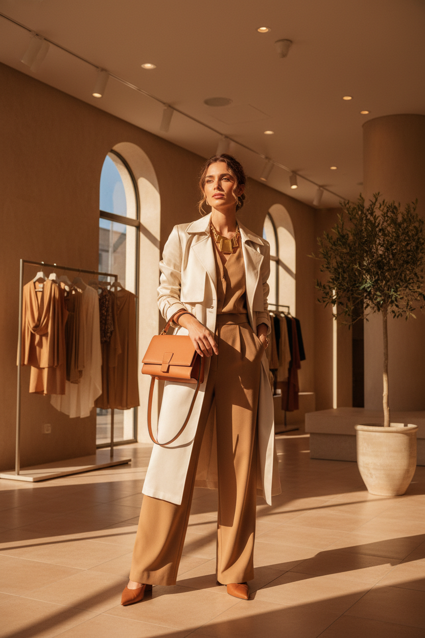 Elegant woman in a chic cream trench coat and wide-leg trousers in a luxury boutique