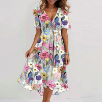Flowers Printed V-neck Dress Summer A-line Short-sleeved Dresses For Women