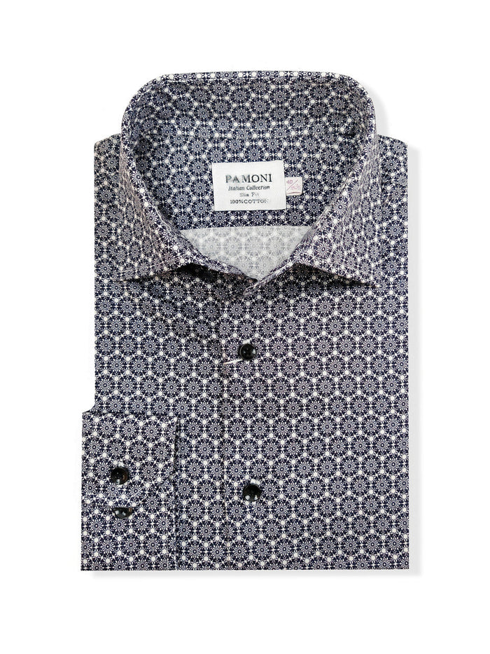 Men’s Navy & White Micro Floral Print Slim Fit Shirt – 100% Cotton