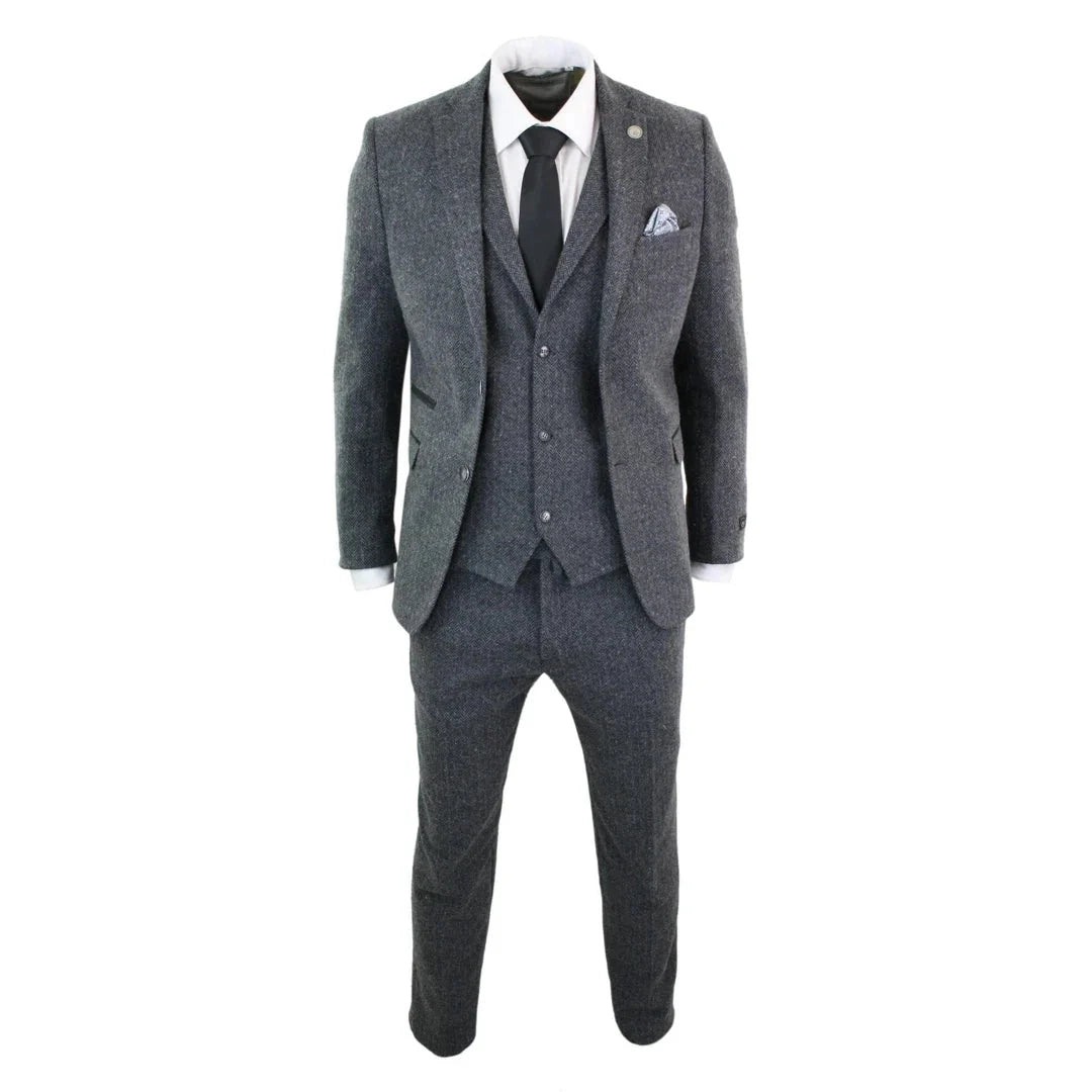 Men's Grey Black 3 Piece Tweed Suit Herringbone Wool