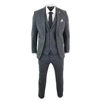 Men's Grey Black 3 Piece Tweed Suit Herringbone Wool