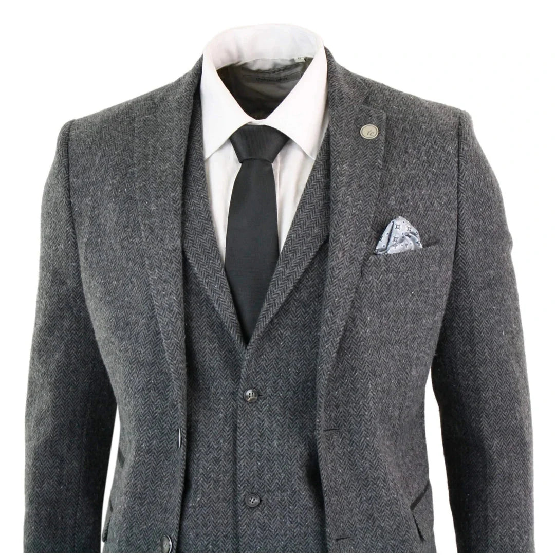 Men's Grey Black 3 Piece Tweed Suit Herringbone Wool