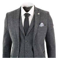 Men's Grey Black 3 Piece Tweed Suit Herringbone Wool