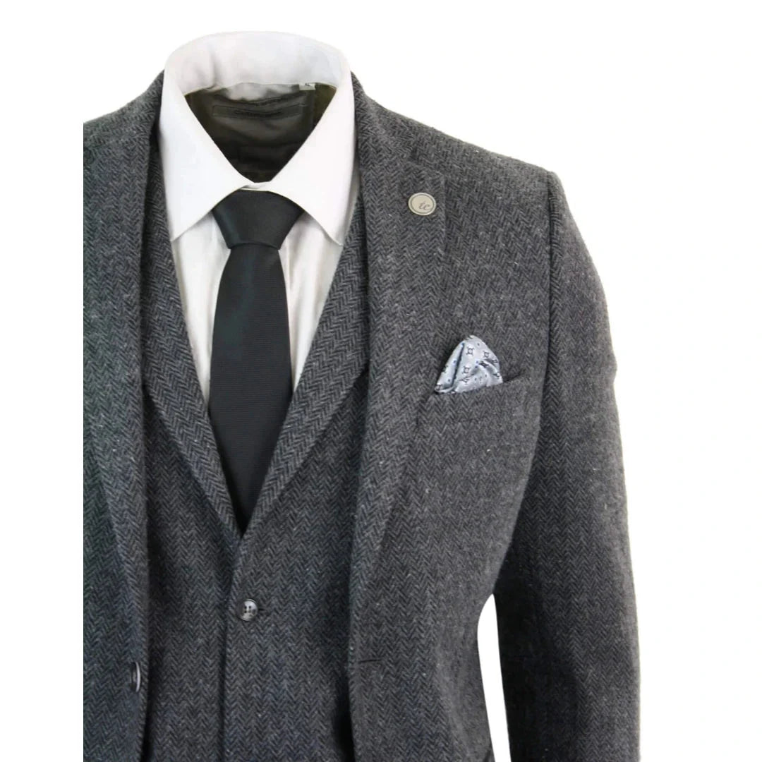 Men's Grey Black 3 Piece Tweed Suit Herringbone Wool