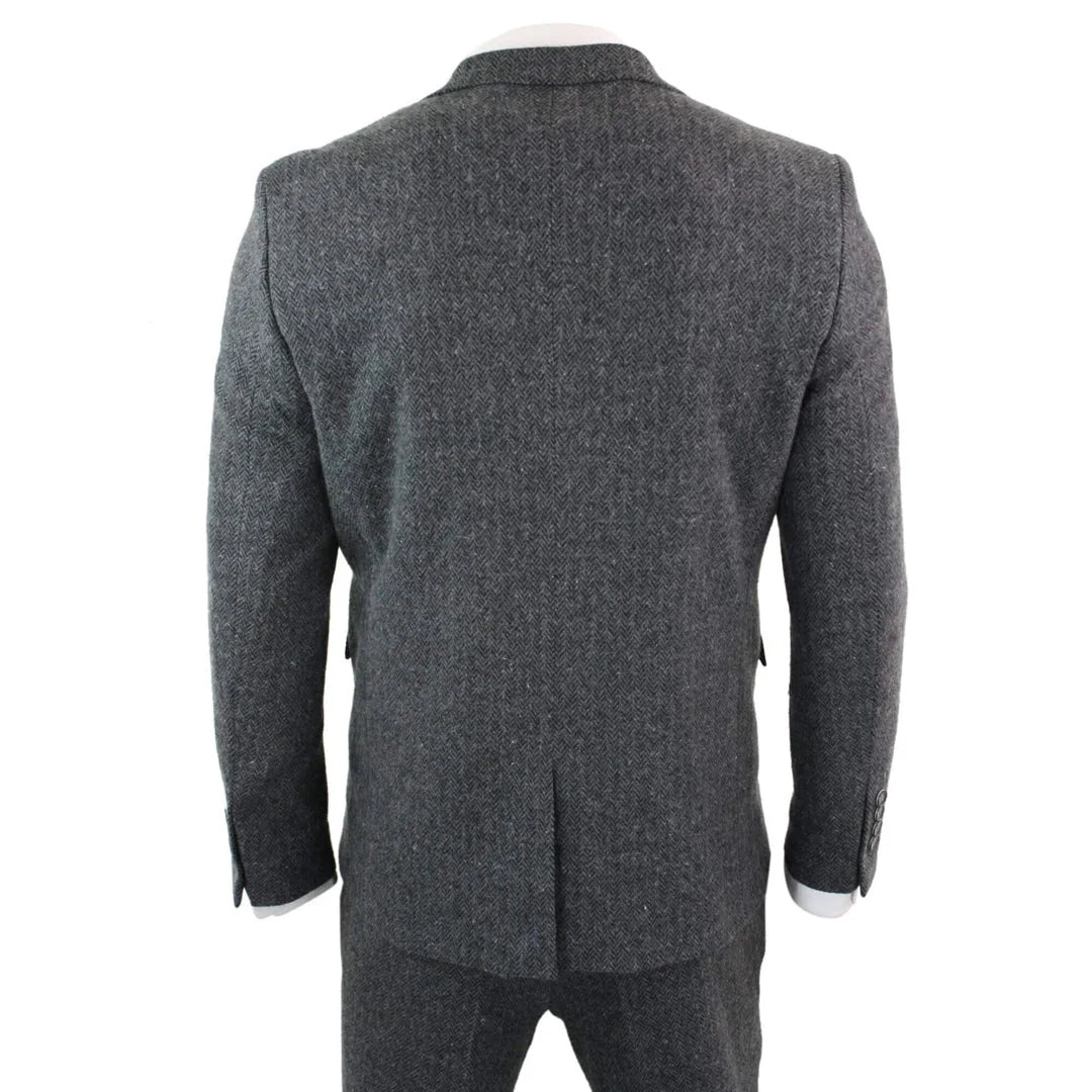 Men's Grey Black 3 Piece Tweed Suit Herringbone Wool