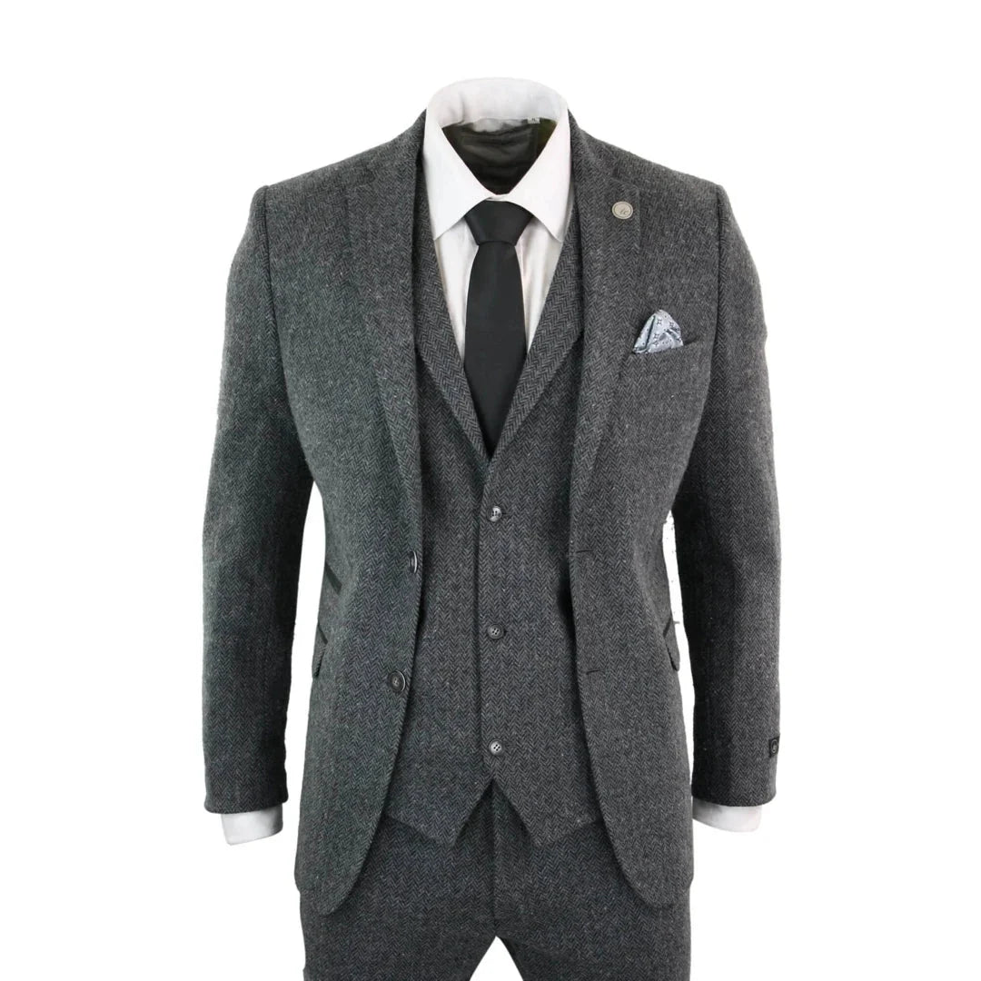 Men's Grey Black 3 Piece Tweed Suit Herringbone Wool