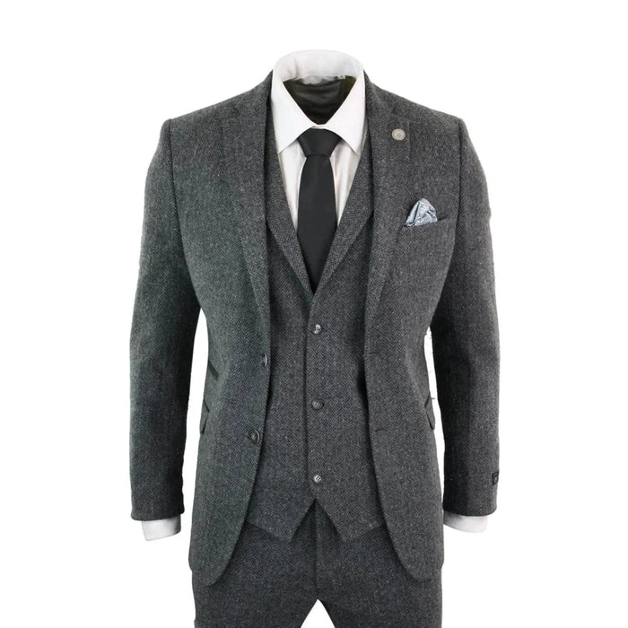 Men's Grey Black 3 Piece Tweed Suit Herringbone Wool