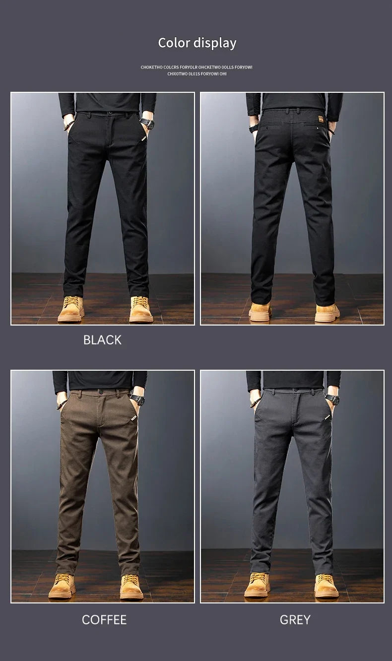 Men’s Slim Straight Stretch Twill Trousers – Smart Casual Cotton Pants