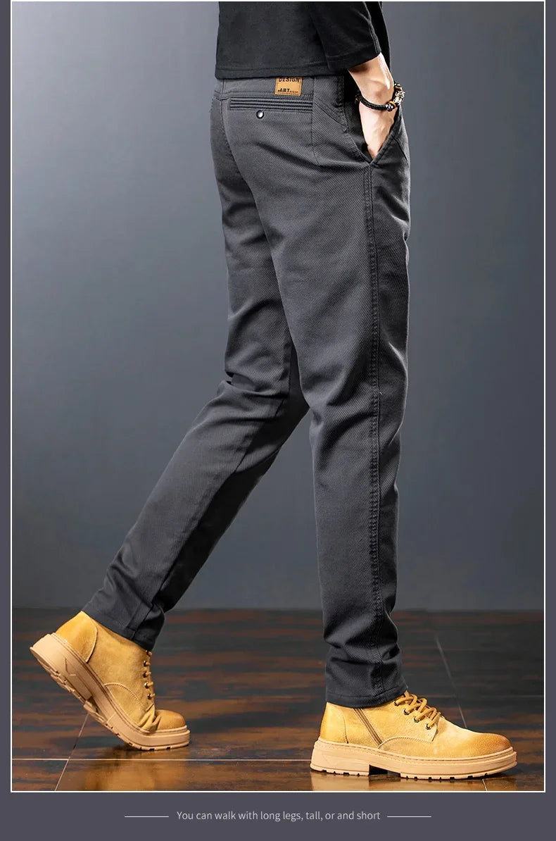 Men’s Slim Straight Stretch Twill Trousers – Smart Casual Cotton Pants
