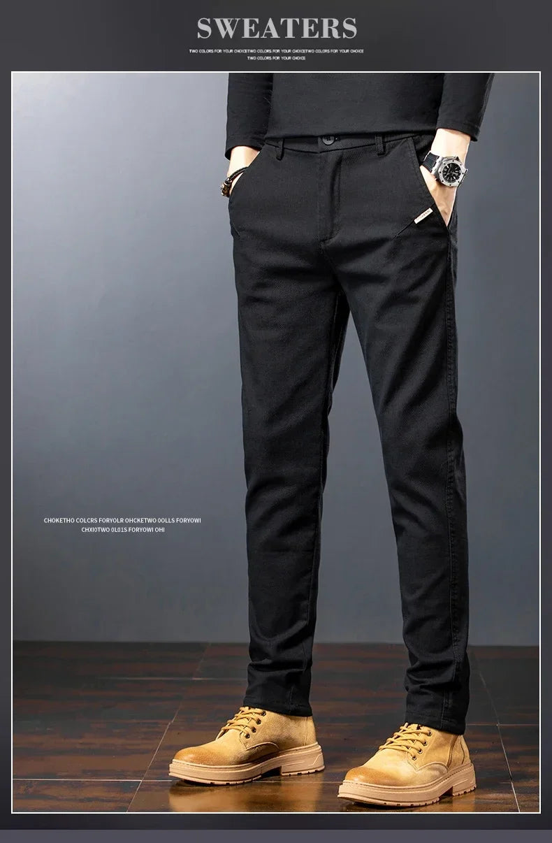 Men’s Slim Straight Stretch Twill Trousers – Smart Casual Cotton Pants