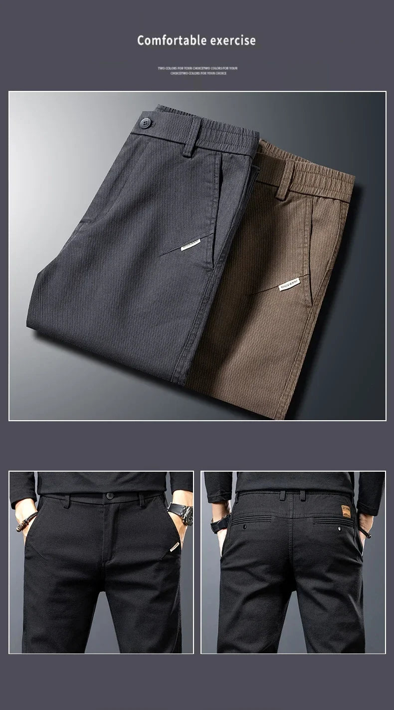 Men’s Slim Straight Stretch Twill Trousers – Smart Casual Cotton Pants