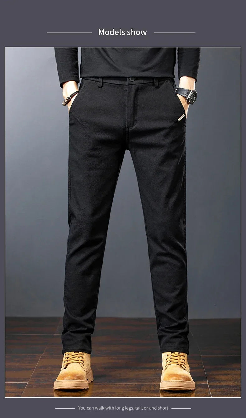 Men’s Slim Straight Stretch Twill Trousers – Smart Casual Cotton Pants