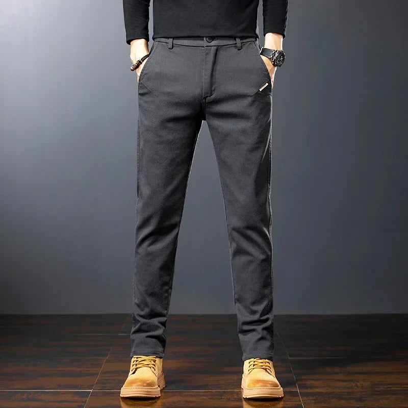 Men’s Slim Straight Stretch Twill Trousers – Smart Casual Cotton Pants