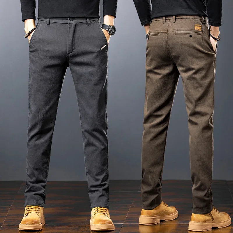 Men’s Slim Straight Stretch Twill Trousers – Smart Casual Cotton Pants