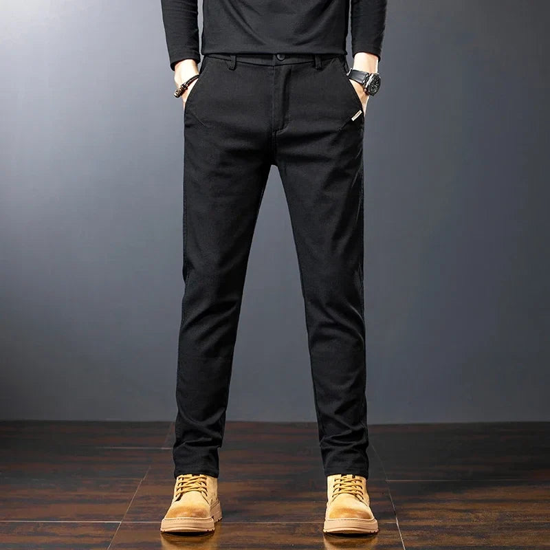 Men’s Slim Straight Stretch Twill Trousers – Smart Casual Cotton Pants