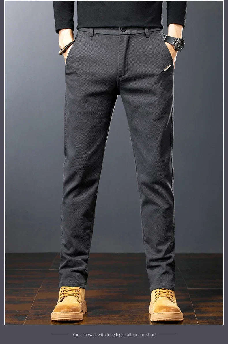 Men’s Slim Straight Stretch Twill Trousers – Smart Casual Cotton Pants