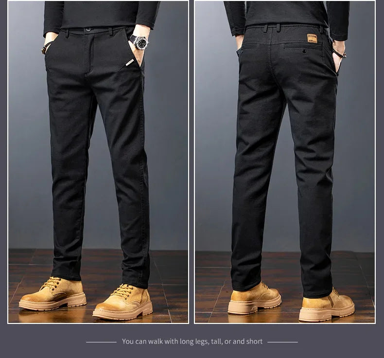 Men’s Slim Straight Stretch Twill Trousers – Smart Casual Cotton Pants
