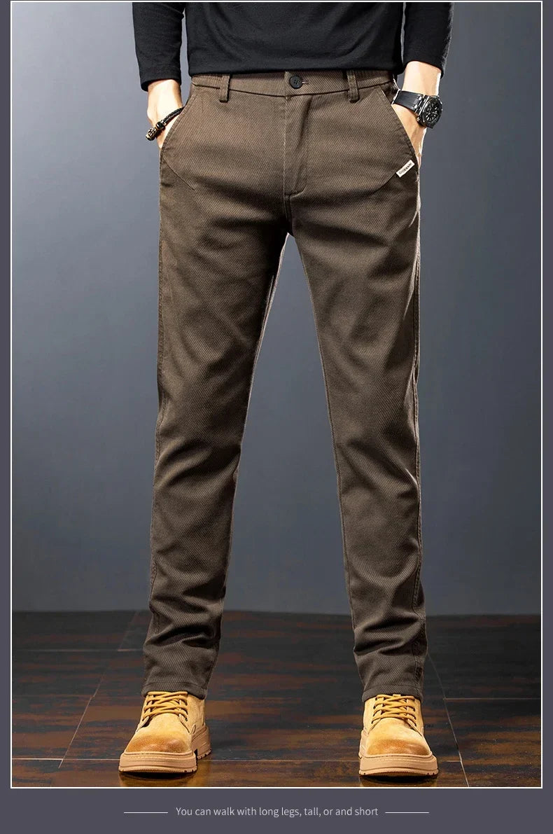 Men’s Slim Straight Stretch Twill Trousers – Smart Casual Cotton Pants