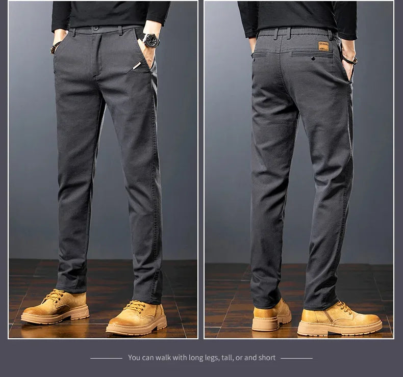 Men’s Slim Straight Stretch Twill Trousers – Smart Casual Cotton Pants
