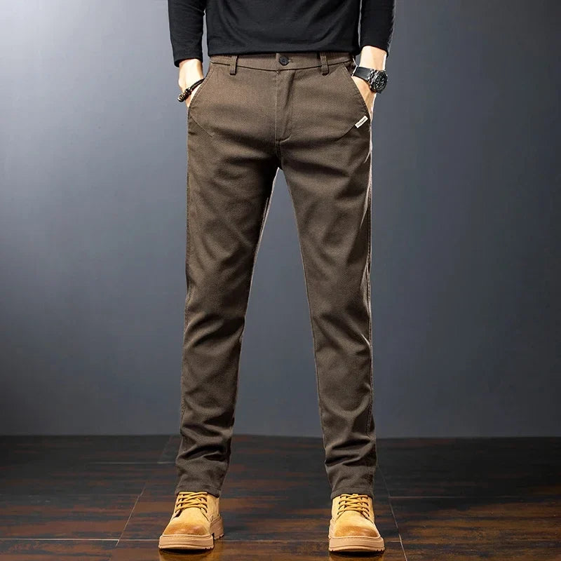Men’s Slim Straight Stretch Twill Trousers – Smart Casual Cotton Pants