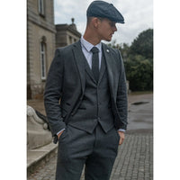 Men's Grey Black 3 Piece Tweed Suit Herringbone Wool