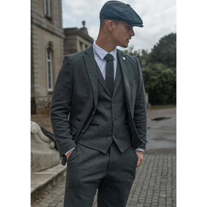 Men's Grey Black 3 Piece Tweed Suit Herringbone Wool